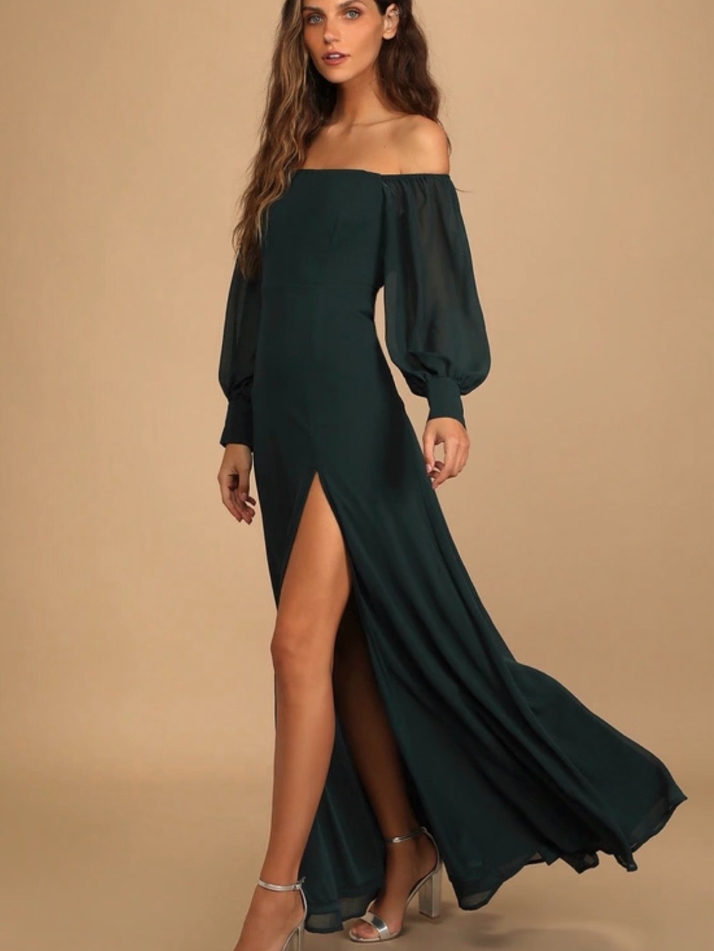 Lulu's Forest Green One-Shoulder Maxi Dress with Sheer Balloon Sleeve
